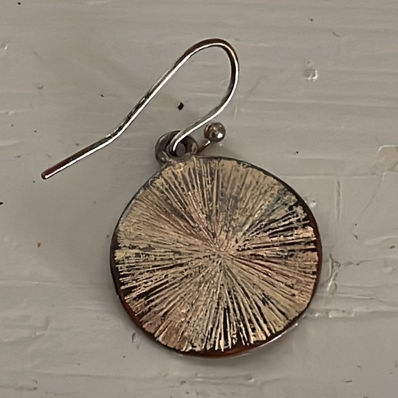 1” gold tone round textured medallion dangle earrings on hypoallergenic wires - Picture 10 of 13